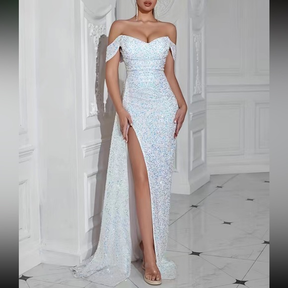 Luxe cold shoulder slit thigh prom part sequins gown dress - Picture 5 of 6